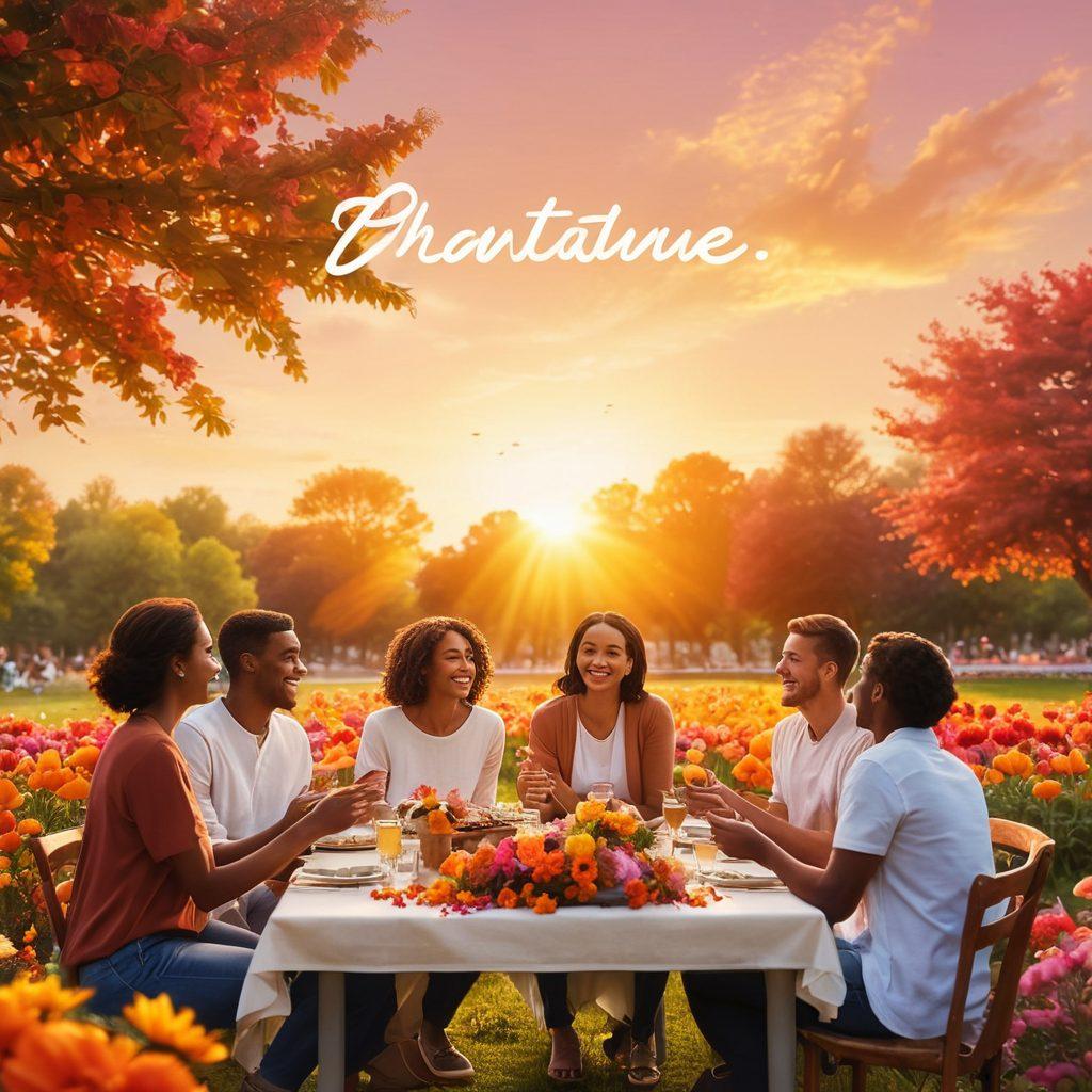 A serene scene showing a diverse group of people in a sunlit park, joyfully engaging in simple activities like sharing food and laughter, surrounded by colorful flowers representing gratitude. In the background, a vibrant sunset fills the sky with warm hues symbolizing bliss. Soft, flowing typography overlaying the image detailing 'Gratitude' enhances the theme. super-realistic. vibrant colors. soft focus.