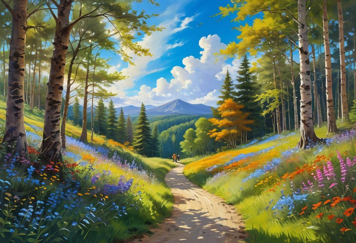 A serene landscape depicting a winding path through a sunlit forest, with people smiling and engaging in joyful activities like painting, yoga, and laughter around a picnic. Soft, fluffy clouds in a bright blue sky, wildflowers in vibrant colors blooming along the path, symbolizing happiness and contentment. The overall atmosphere should radiate warmth and positivity, inviting viewers to embrace joy in their everyday lives. super-realistic. vibrant colors. peaceful ambiance.