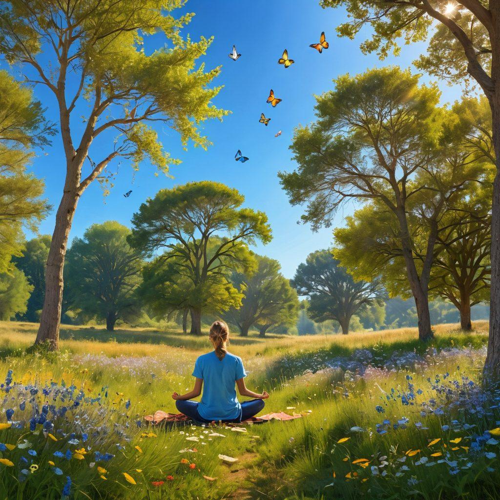 A serene landscape featuring a rolling meadow filled with wildflowers under a clear blue sky, a person sitting cross-legged in meditation, surrounded by gentle butterflies and birds, golden sunlight filtering through the trees. The scene conveys tranquility and joy, symbolizing simplicity and contentment. whimsical style. vibrant colors. soft focus.
